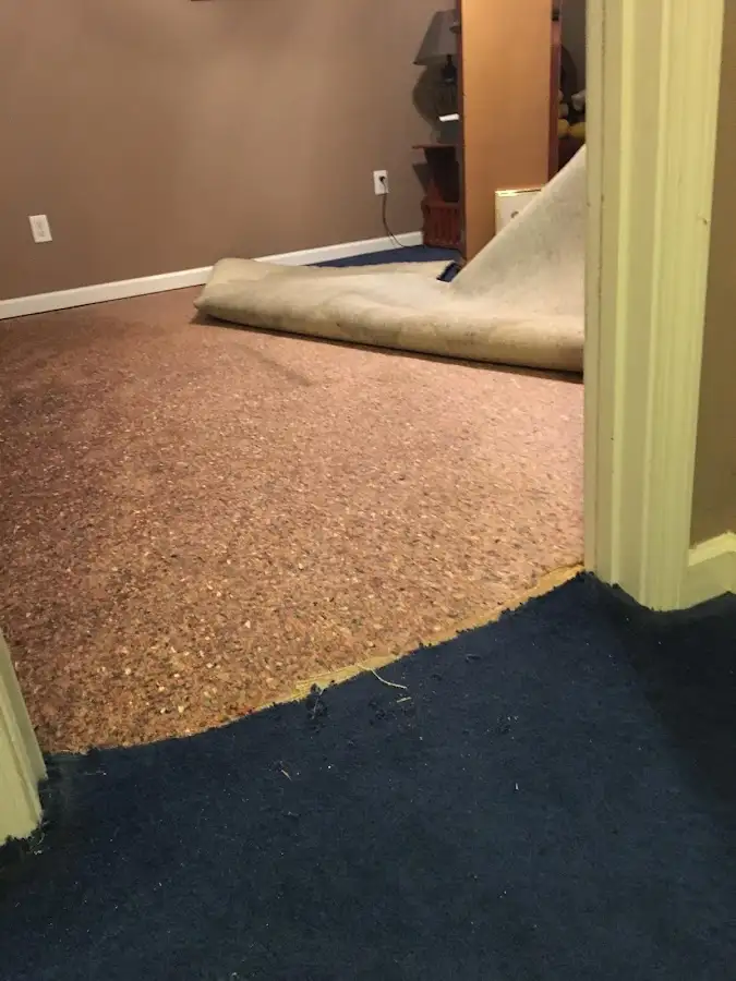 Carpet pad removal revealing water damage during Water Mitigation Services in Pleasant Garden