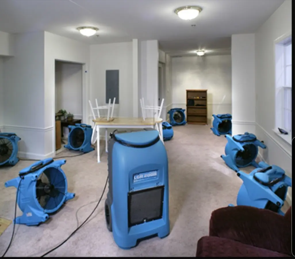 Air movers and dehumidifier setup for Water Damage Restoration in Pleasant Garden